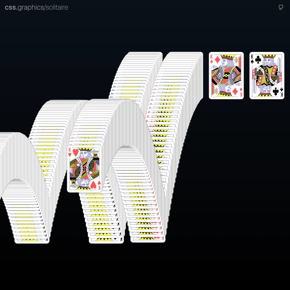 The classic Solitaire victory cascade rendered entirely with HTML and CSS using PolyCSS.